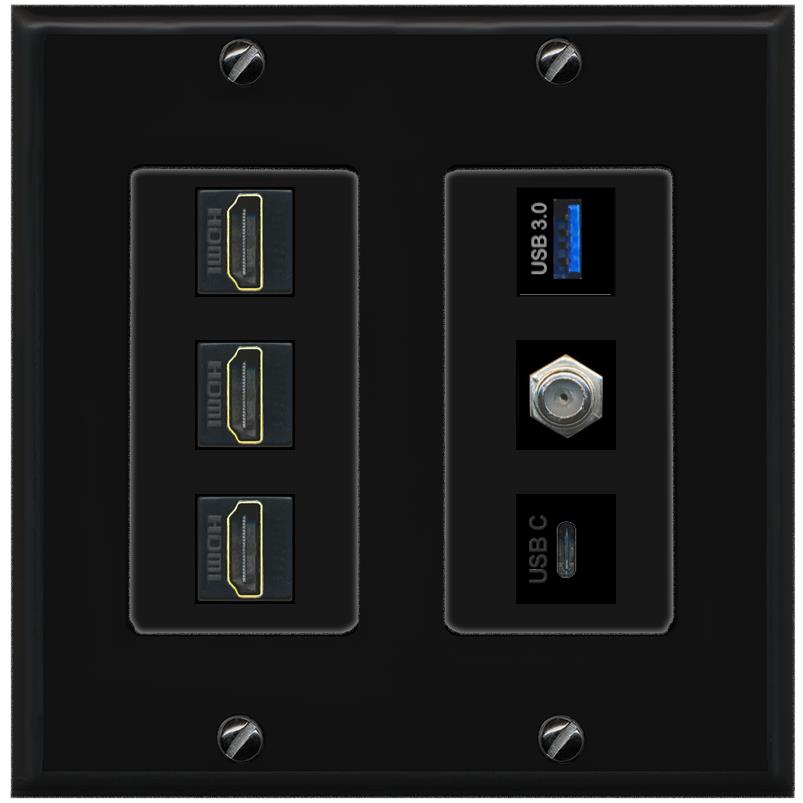 RiteAV 3 HDMI USB3 USBC Coax Wall Plate - 2 Gang [Black/Black]