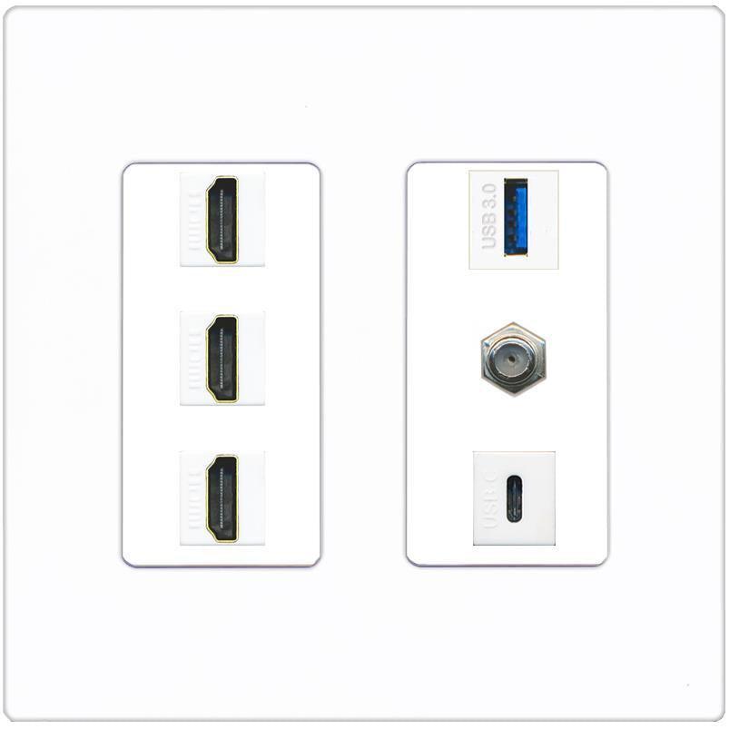 RiteAV 3 HDMI USB3 USBC Coax Wall Plate - 2 Gang [Screwless White]