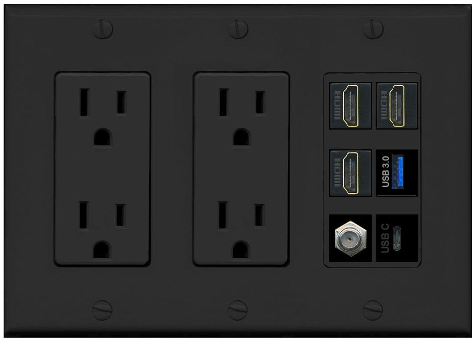 RiteAV 3 HDMI USB3 USBC Coax Wall Plate - 2 Outlet [Black/Black]