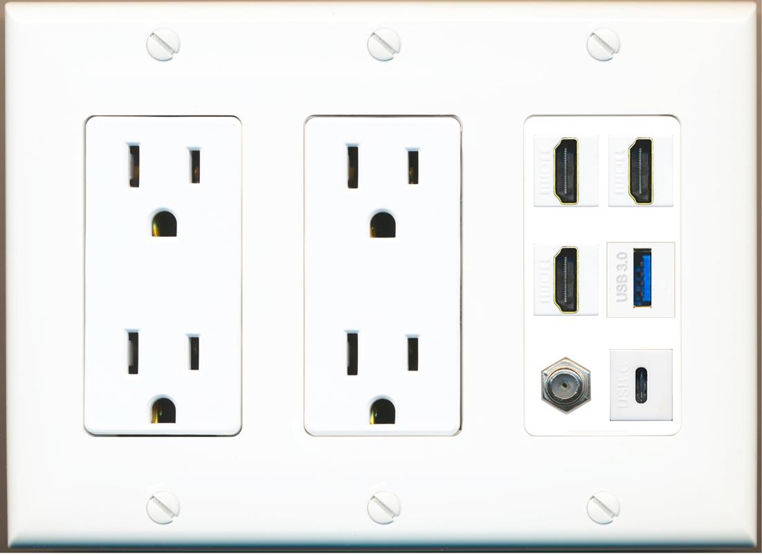 RiteAV 3 HDMI USB3 USBC Coax Wall Plate - 2 Outlet [White]