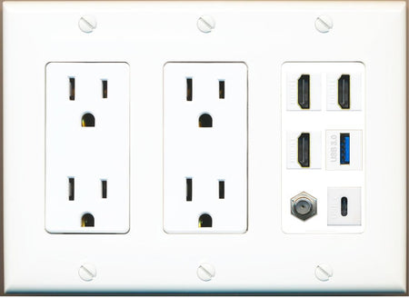 RiteAV 3 HDMI USB3 USBC Coax Wall Plate - 2 Outlet [White]