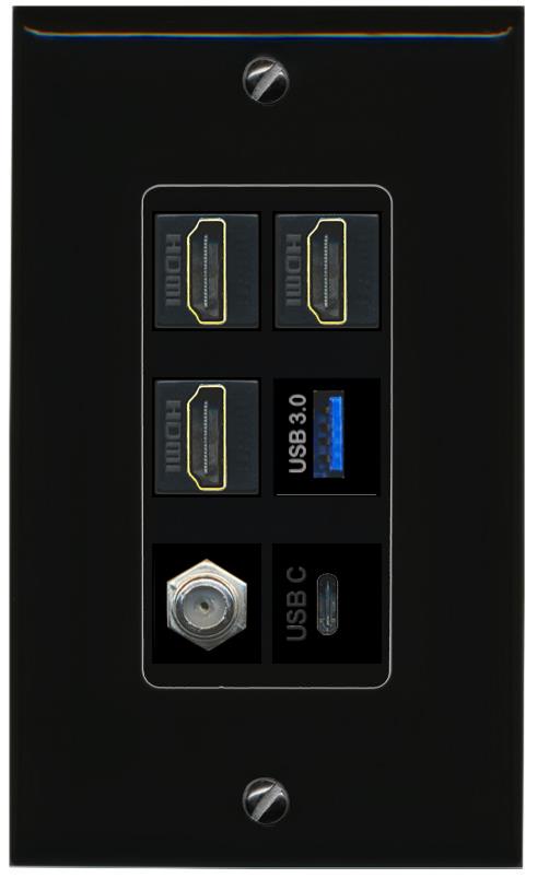 RiteAV 3 HDMI USB3 USBC Coax Wall Plate - 1 Gang [Black/Black]