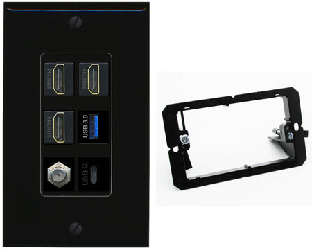 RiteAV 3 HDMI USB3 USBC Coax Wall Plate - Bracket [Black/Black]