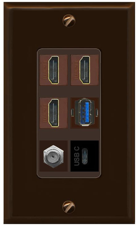 RiteAV 3 HDMI USB3 USBC Coax Wall Plate - 1 Gang [Brown/Brown]