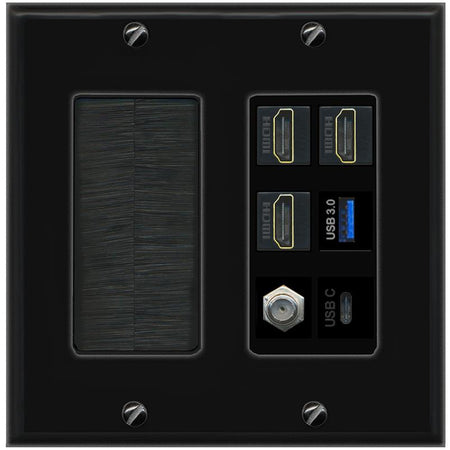 RiteAV 3 HDMI USB3 USBC Coax Wall Plate - Brush [Black/Black]