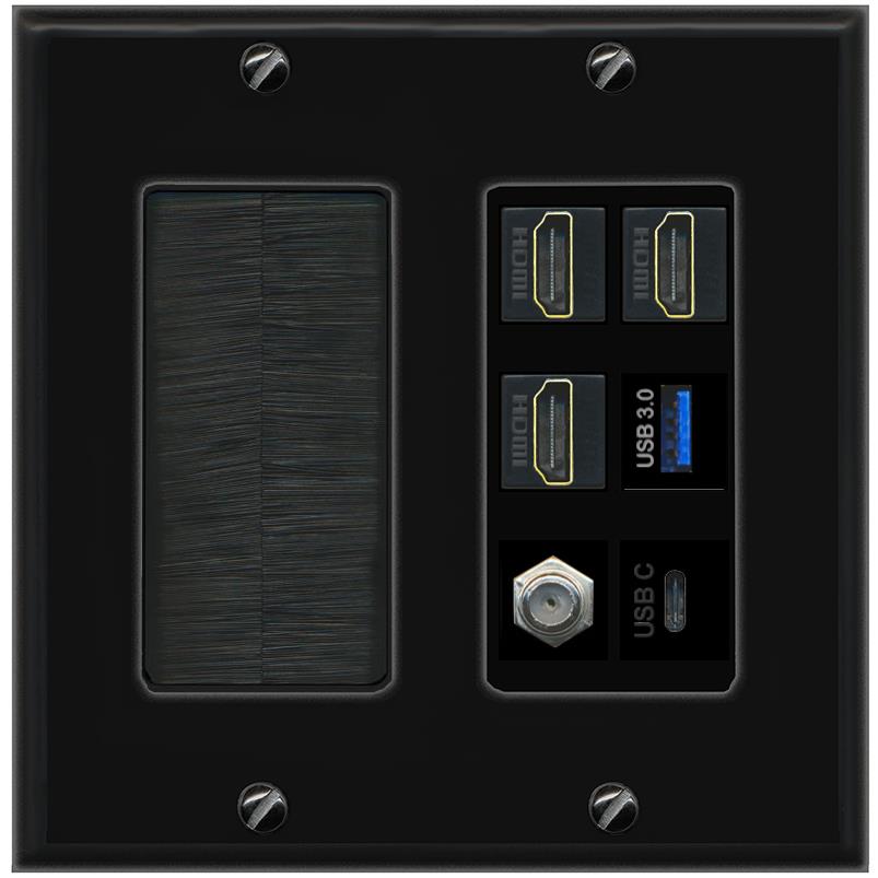 RiteAV 3 HDMI USB3 USBC Coax Wall Plate - Brush [Black/Black]