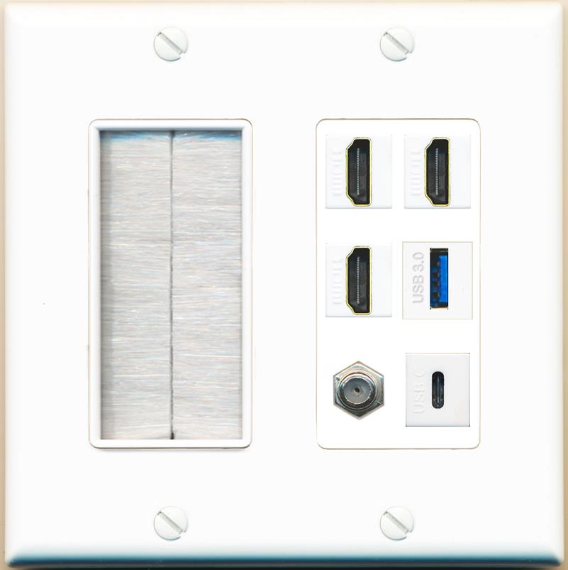 RiteAV 3 HDMI USB3 USBC Coax Wall Plate - Brush [White]