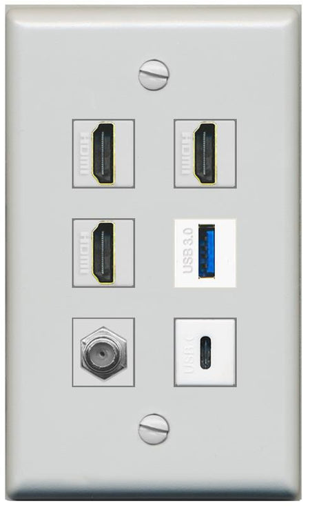 RiteAV 3 HDMI USB3 USBC Coax Wall Plate - Flat [Gray/Gray]