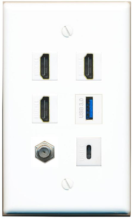 RiteAV 3 HDMI USB3 USBC Coax Wall Plate - Flat [White]