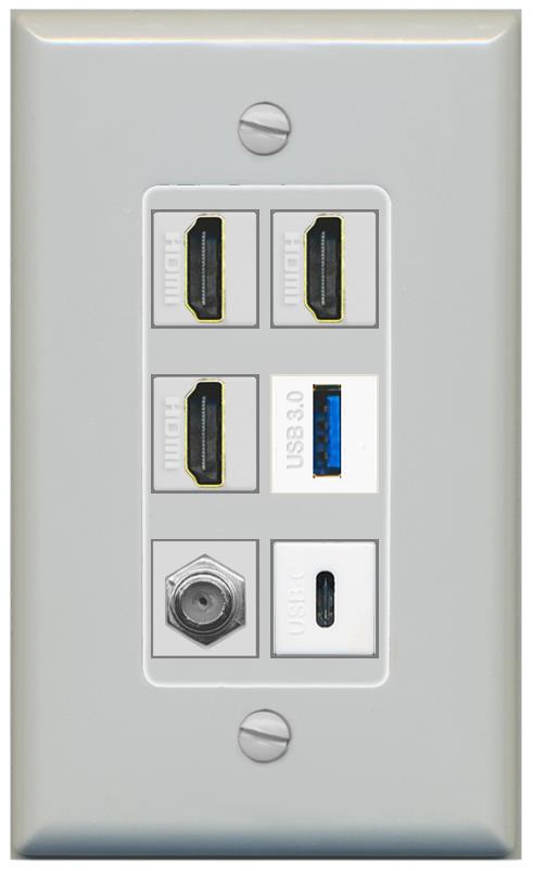 RiteAV 3 HDMI USB3 USBC Coax Wall Plate - 1 Gang [Gray/Gray]