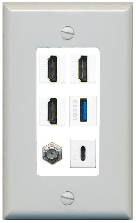 RiteAV 3 HDMI USB3 USBC Coax Wall Plate - 1 Gang [Gray/White]