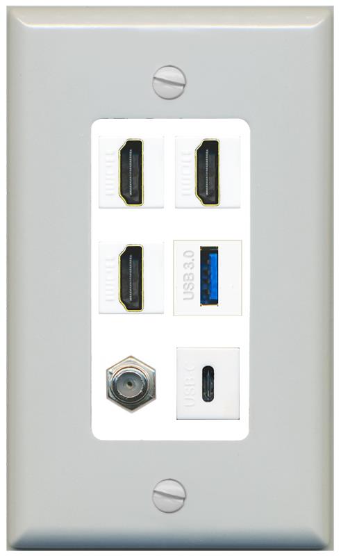 RiteAV 3 HDMI USB3 USBC Coax Wall Plate - 1 Gang [Gray/White]