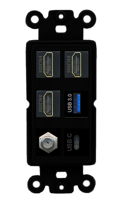 RiteAV 3 HDMI USB3 USBC Coax Wall Plate - Rocker [Black/Black]
