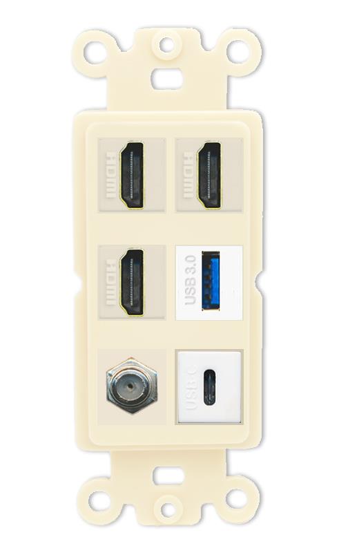 RiteAV 3 HDMI USB3 USBC Coax Wall Plate - Rocker [Light-Almond]