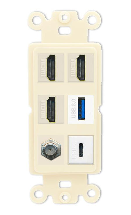 RiteAV 3 HDMI USB3 USBC Coax Wall Plate - Rocker [Light-Almond]