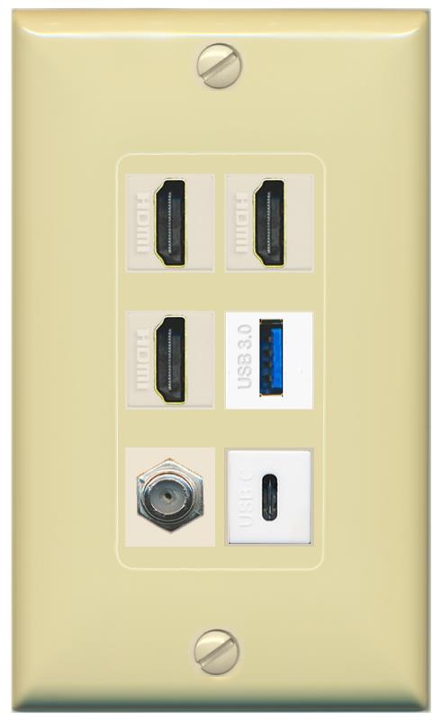 RiteAV 3 HDMI USB3 USBC Coax Wall Plate - 1 Gang [Ivory/Ivory]