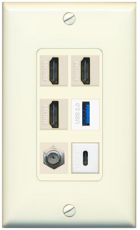 RiteAV 3 HDMI USB3 USBC Coax Wall Plate - 1 Gang [Light-Almond]