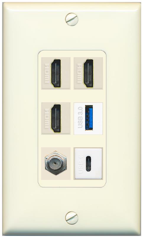 RiteAV 3 HDMI USB3 USBC Coax Wall Plate - 1 Gang [Light-Almond]