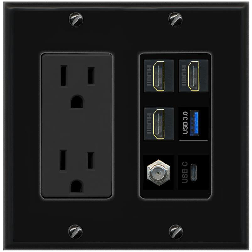 RiteAV 3 HDMI USB3 USBC Coax Wall Plate - Outlet [Black/Black]