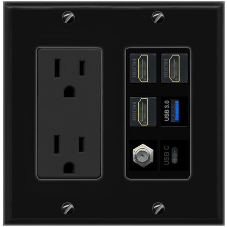 RiteAV 3 HDMI USB3 USBC Coax Wall Plate - Outlet [Black/Black]