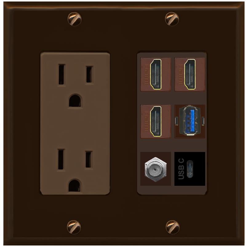 RiteAV 3 HDMI USB3 USBC Coax Wall Plate - Outlet [Brown/Brown]