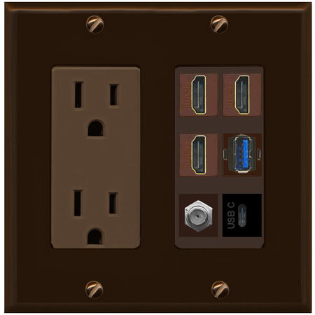 RiteAV 3 HDMI USB3 USBC Coax Wall Plate - Outlet [Brown/Brown]