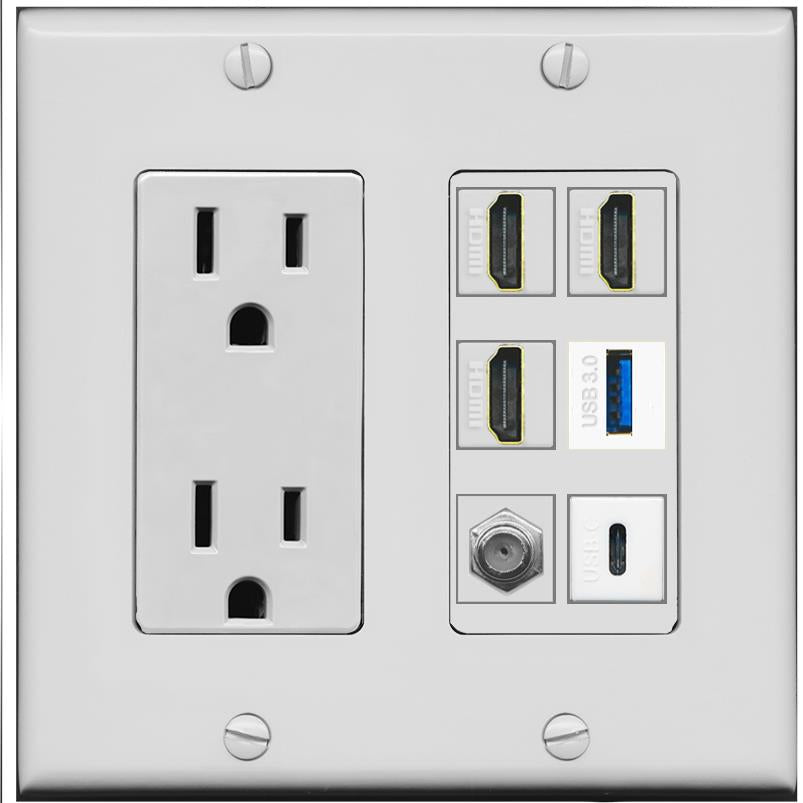 RiteAV 3 HDMI USB3 USBC Coax Wall Plate - Outlet [Gray/Gray]