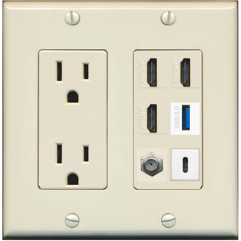 RiteAV 3 HDMI USB3 USBC Coax Wall Plate - Outlet [Light-Almond]
