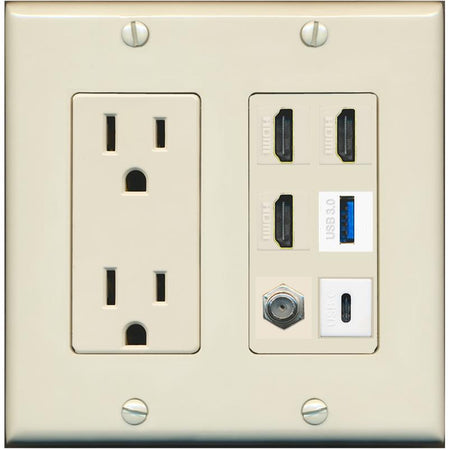 RiteAV 3 HDMI USB3 USBC Coax Wall Plate - Outlet [Light-Almond]