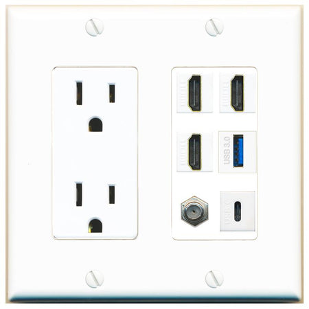 RiteAV 3 HDMI USB3 USBC Coax Wall Plate - Outlet [White]