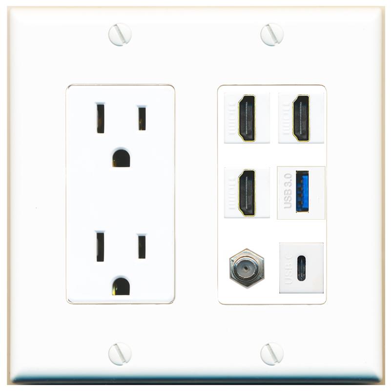 RiteAV 3 HDMI USB3 USBC Coax Wall Plate - Outlet [White]