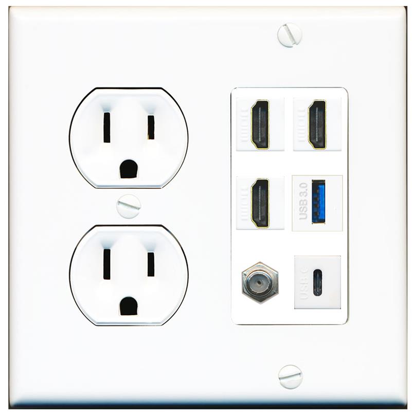 RiteAV 3 HDMI USB3 USBC Coax Wall Plate - Round Outlet [White]