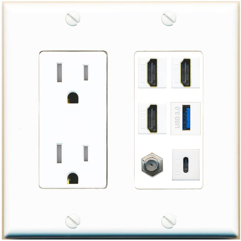 RiteAV 3 HDMI USB3 USBC Coax Wall Plate - Tamper-Res [White]