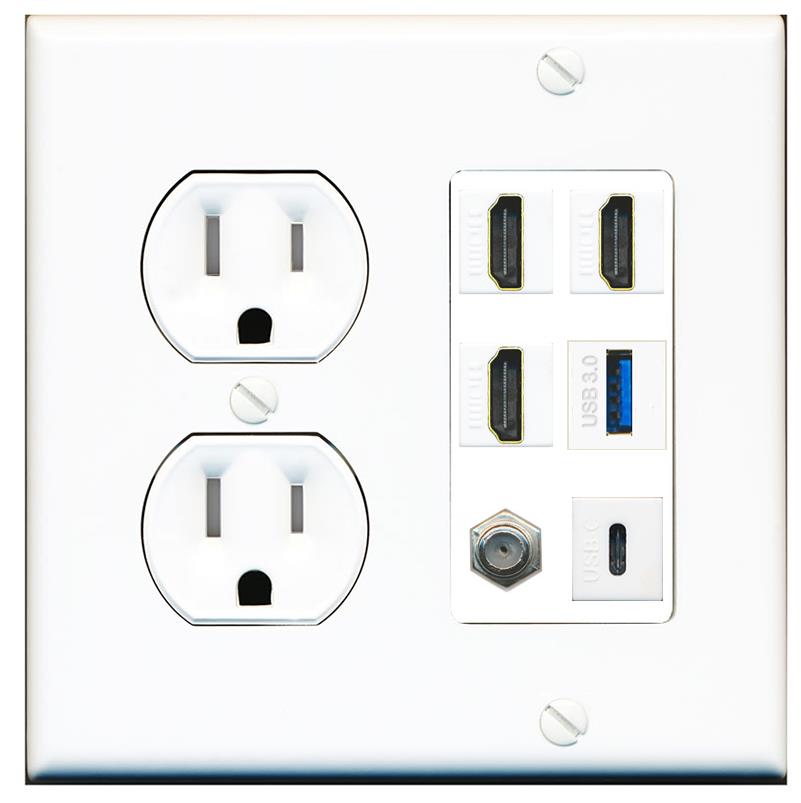 RiteAV 3 HDMI USB3 USBC Coax Wall Plate - Tamper Proof [White]