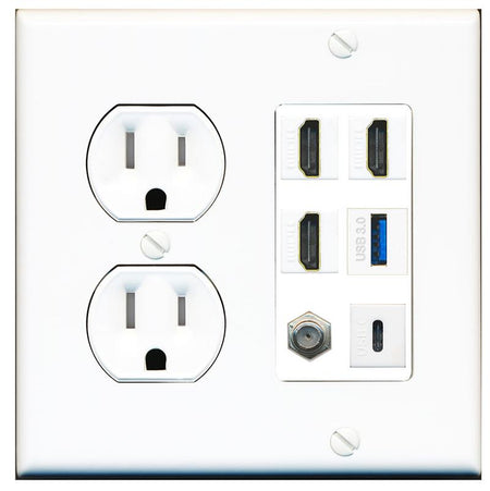 RiteAV 3 HDMI USB3 USBC Coax Wall Plate - Tamper Proof [White]
