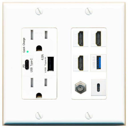 RiteAV 3 HDMI USB3 USBC Coax Wall Plate - USB AC Charger [White]