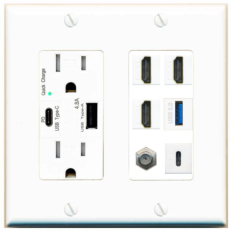 RiteAV 3 HDMI USB3 USBC Coax Wall Plate - USB AC Charger [White]