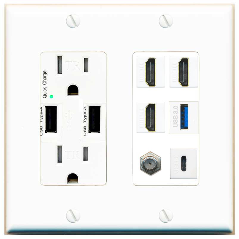 RiteAV 3 HDMI USB3 USBC Coax Wall Plate - USB Charger [White]