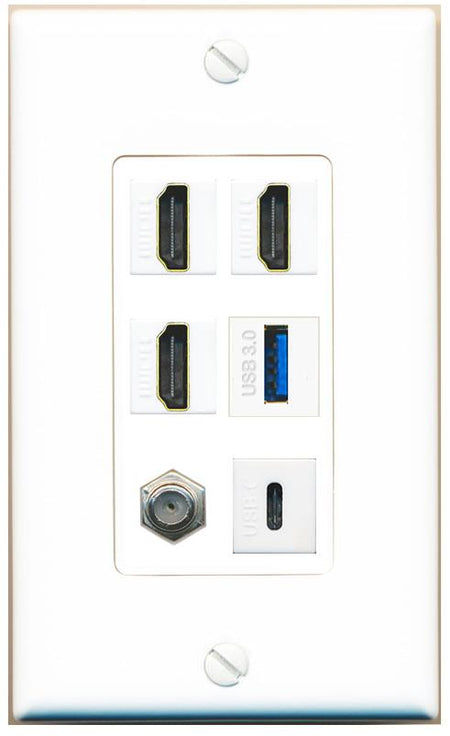 RiteAV 3 HDMI USB3 USBC Coax Wall Plate - 1 Gang [White]