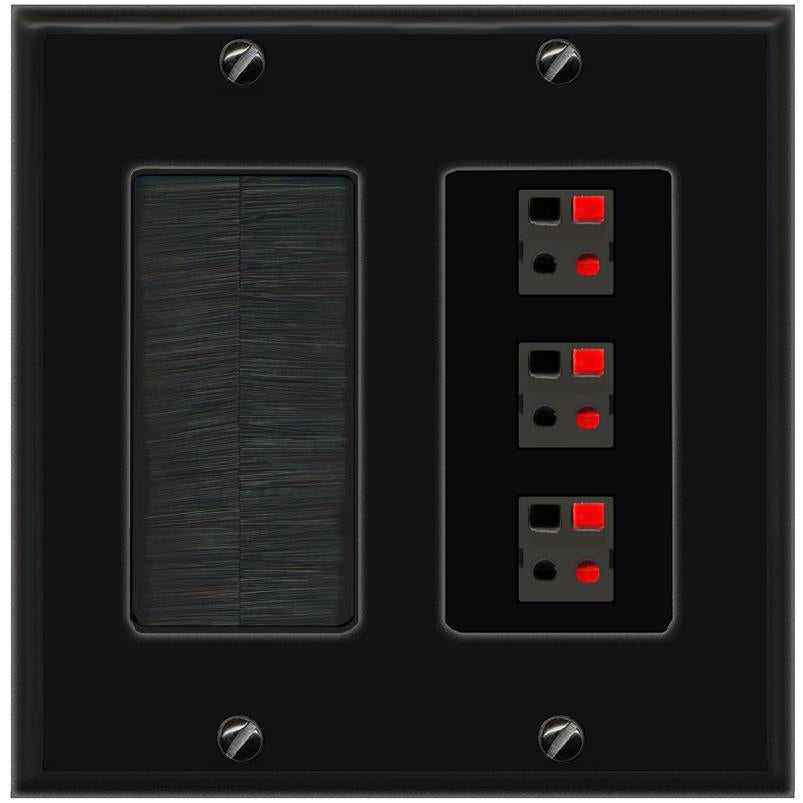 RiteAV 3 Port Speaker Wire Plug Jack Wall Plate - Brush [Black/Black]