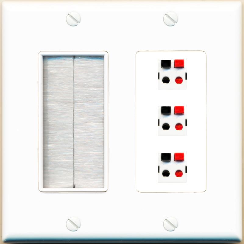 RiteAV 3 Port Speaker Wire Plug Jack Wall Plate - Brush [White]