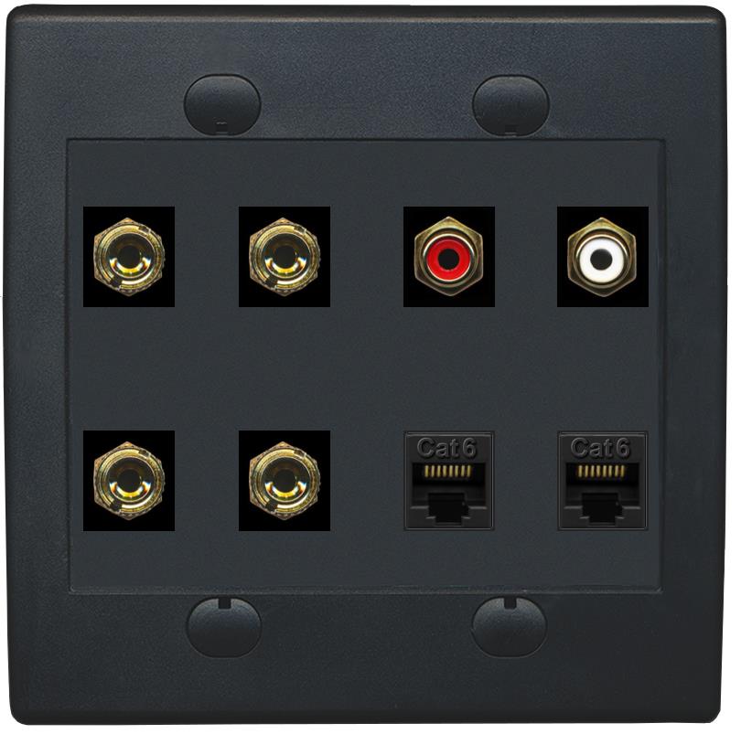 RiteAV 4 Banana (2 Speaker) Wall Plate with 2 x RCA (Red/White) and 2 Cat6 - Flat 2 Gang [Black/Black]