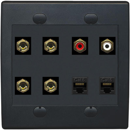 RiteAV 4 Banana (2 Speaker) Wall Plate with 2 x RCA (Red/White) and 2 Cat6 - Flat 2 Gang [Black/Black]