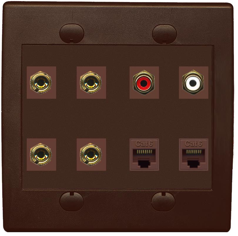 RiteAV 4 Banana (2 Speaker) Wall Plate with 2 x RCA (Red/White) and 2 Cat6 - Flat 2 Gang [Brown/Brown]