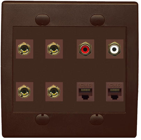 RiteAV 4 Banana (2 Speaker) Wall Plate with 2 x RCA (Red/White) and 2 Cat6 - Flat 2 Gang [Brown/Brown]