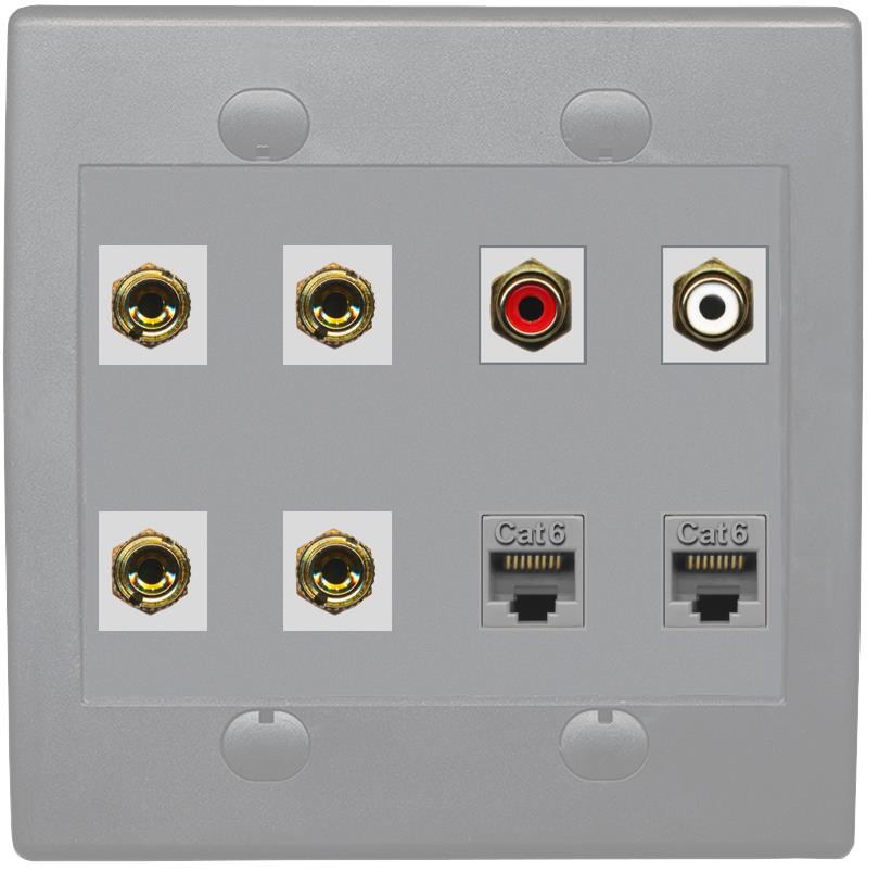 RiteAV 4 Banana (2 Speaker) Wall Plate with 2 x RCA (Red/White) and 2 Cat6 - Flat 2 Gang [Gray/Gray]