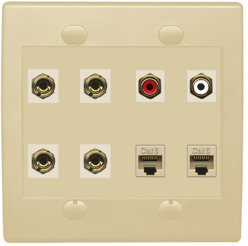 RiteAV 4 Banana (2 Speaker) Wall Plate with 2 x RCA (Red/White) and 2 Cat6 - Flat 2 Gang [Ivory/Ivory]