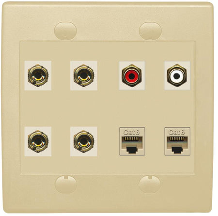 RiteAV 4 Banana (2 Speaker) Wall Plate with 2 x RCA (Red/White) and 2 Cat6 - Flat 2 Gang [Ivory/Ivory]
