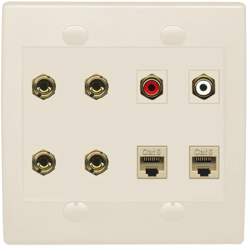 RiteAV 4 Banana (2 Speaker) Wall Plate with 2 x RCA (Red/White) and 2 Cat6 - Flat 2 Gang [Light Almond]