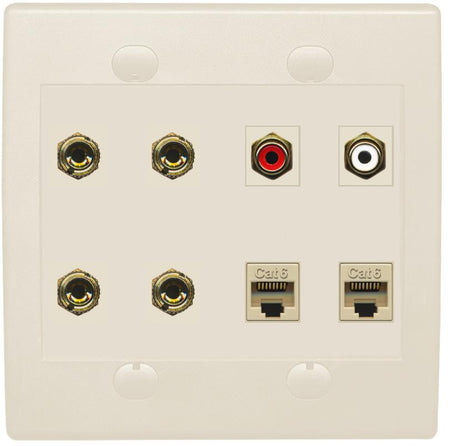 RiteAV 4 Banana (2 Speaker) Wall Plate with 2 x RCA (Red/White) and 2 Cat6 - Flat 2 Gang [Light Almond]